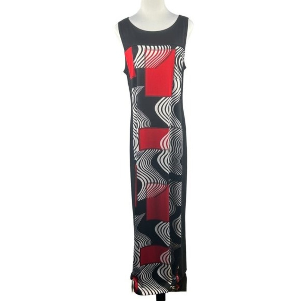 Maxi Dress Black Red Abstract Geometric Stretch Sleeveless Womens L